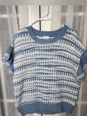 So Me Striped Textured Knit Sweater L Blue Ruffled Flutter Sleeve Cottagecore